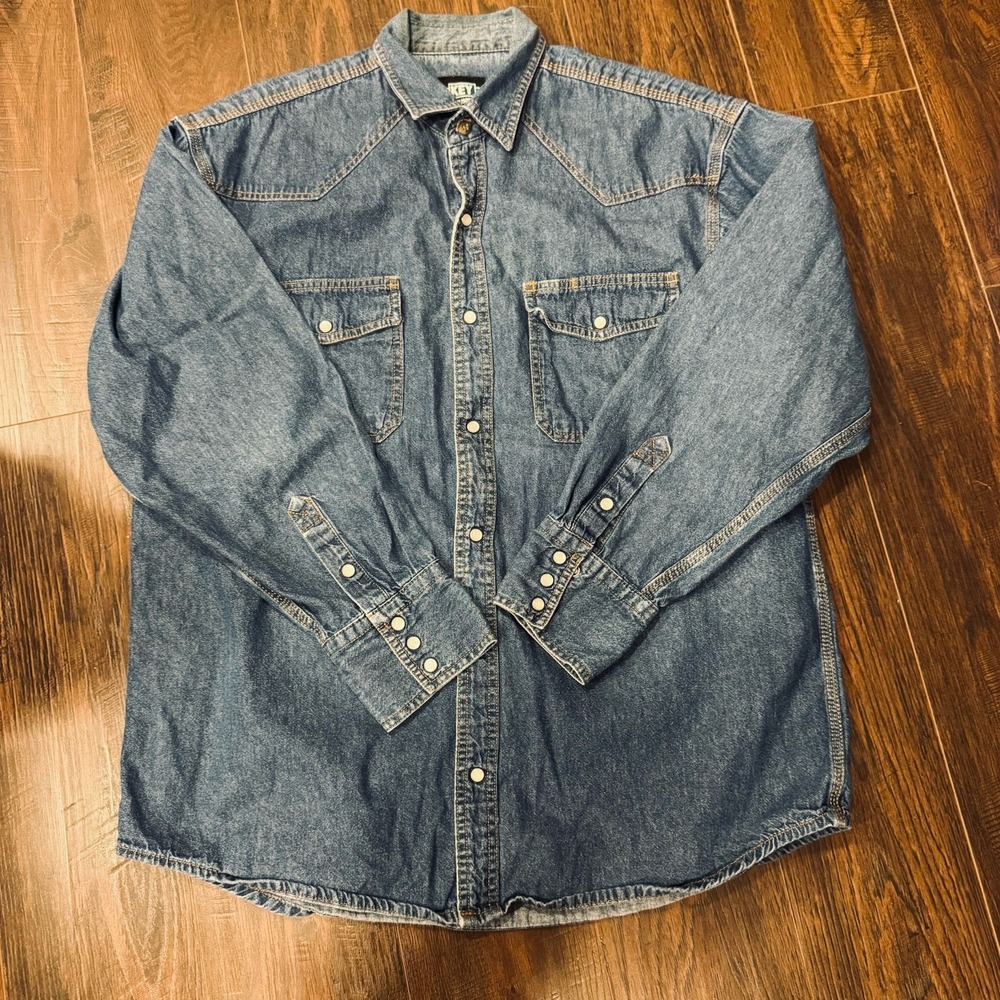 KEY Apparel Shirt Mens Large Blue Denim Western Snap Long Sleeve Button Up